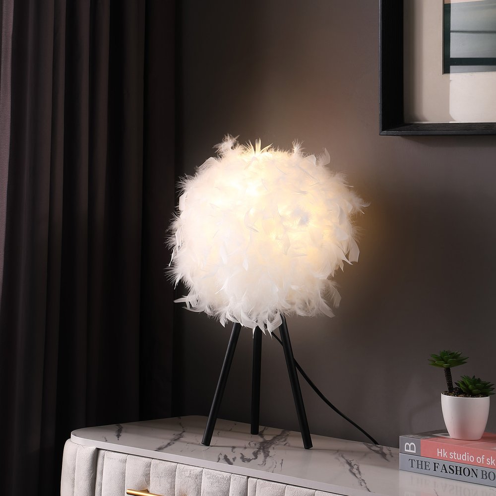 21" Black And Pink Faux Feather Tripod Table Lamp