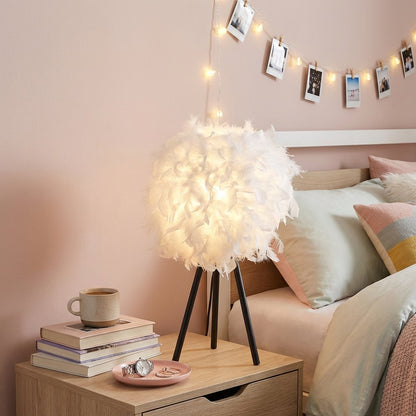 21" Black And Pink Faux Feather Tripod Table Lamp