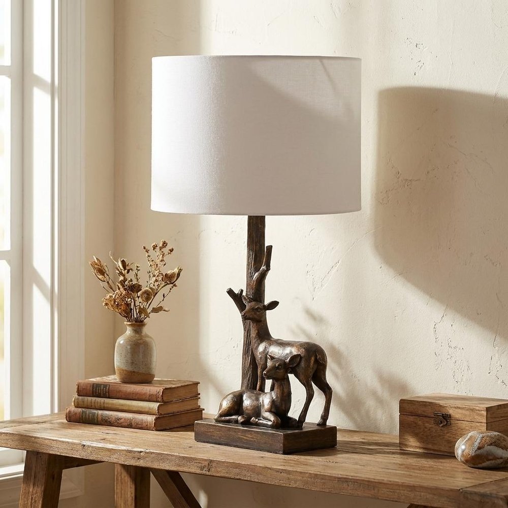 20" Bronze Mom and Baby Deer Table Lamp With White Drum Shade