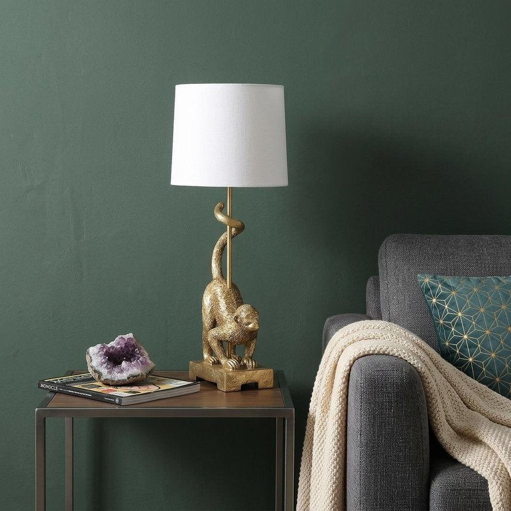 24" Gold Monkey Table Lamp With White Drum Shade
