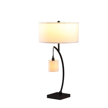 29" Black Metal Two Light Arched Table Lamp With White Drum Shade