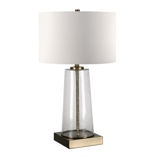 27" Brass and Clear Metal and Glass Table Lamp With White Drum Shade