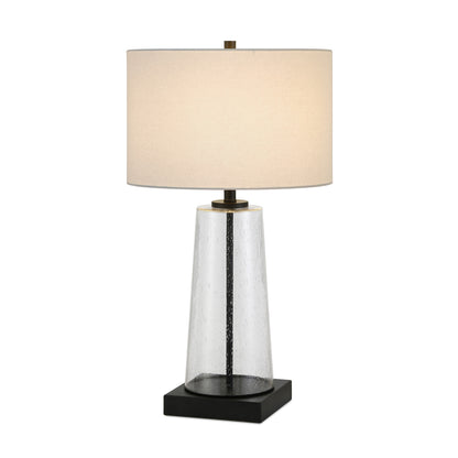 27" Black and Clear Metal and Glass Table Lamp With White Drum Shade