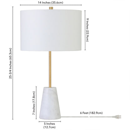 26" Gold and White Marble Table Lamp With White Drum Shade