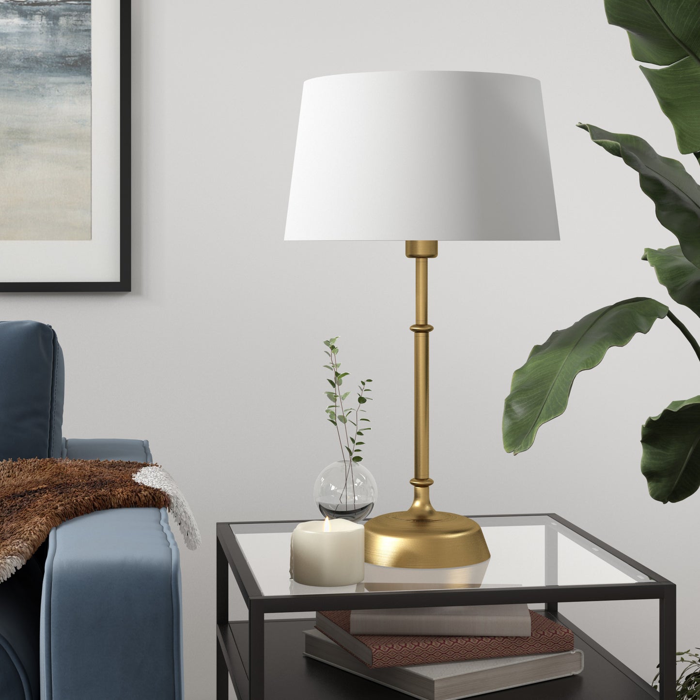 24" Brass Metal Table Lamp With White Drum Shade