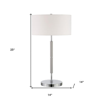 25" Gray Metal Two Light Table Lamp With White Drum Shade