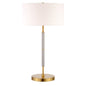 25" Gray and Gold Metal Two Light Table Lamp With White Drum Shade