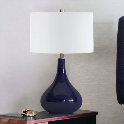 25" Navy Blue Glass Gourd Table Lamp With White Drum Shade