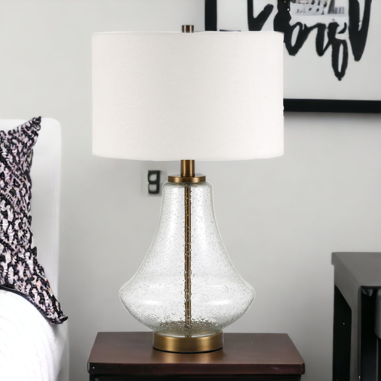 23" Brass Glass Table Lamp With White Drum Shade