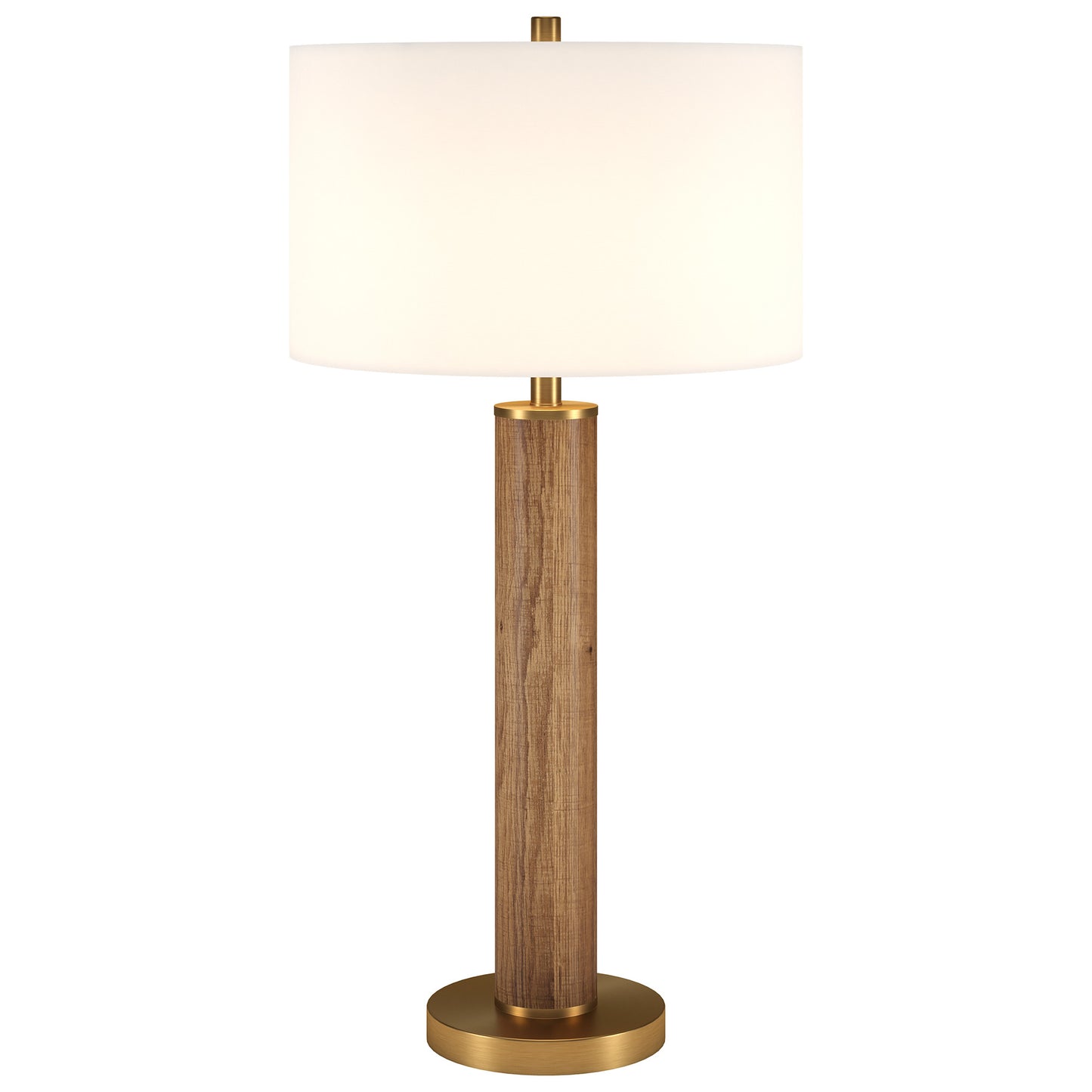 29" Gold and Brown Metal Table Lamp With White Drum Shade