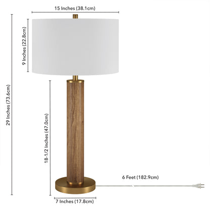 29" Gold and Brown Metal Table Lamp With White Drum Shade