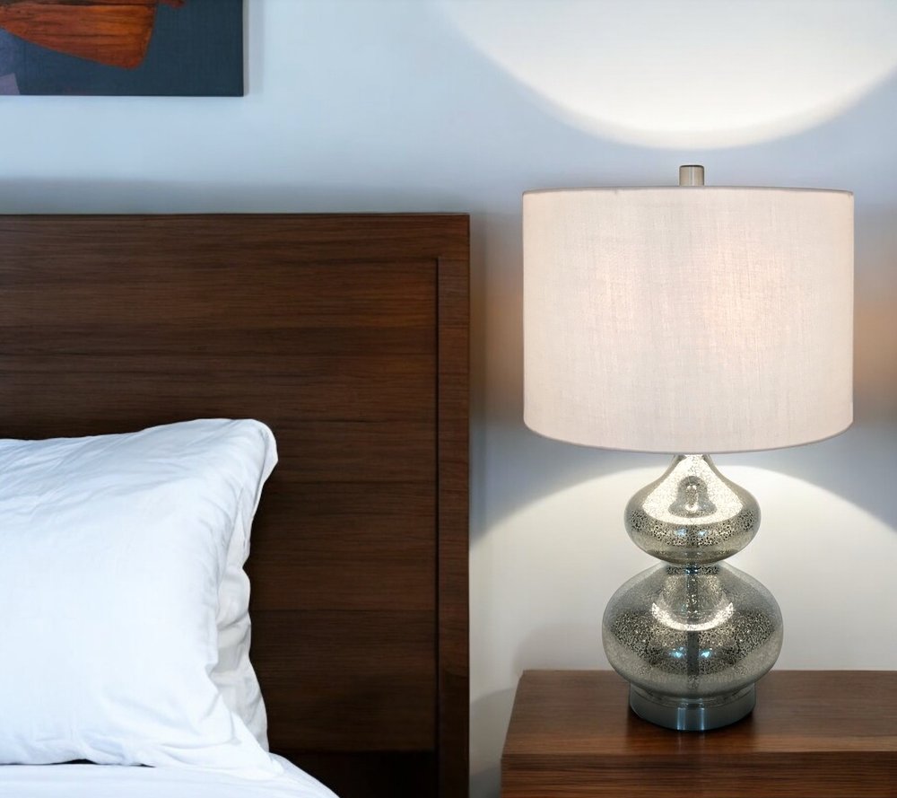 23" Silver Glass Gourd Table Lamp With White Drum Shade