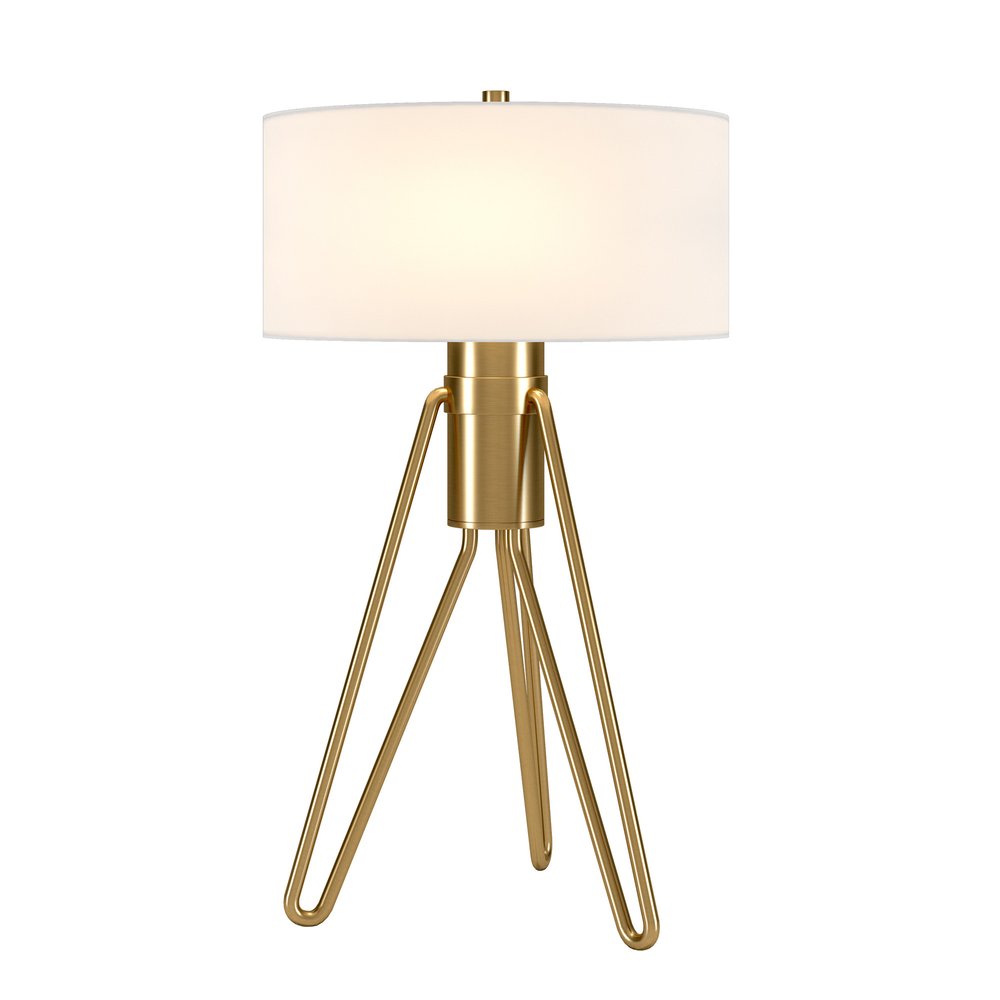 25" Brass Metal Two Light Tripod Table Lamp With White Drum Shade