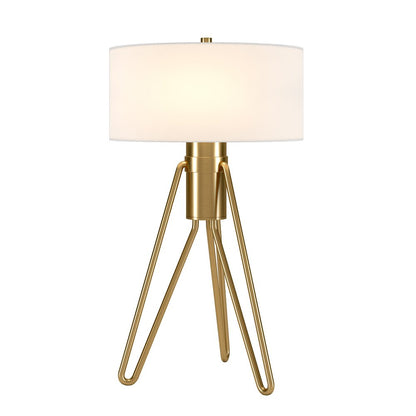 25" Brass Metal Two Light Tripod Table Lamp With White Drum Shade