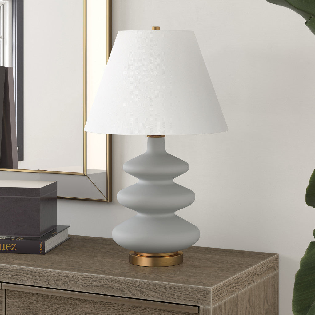 26" Gray and Gold Glass Gourd Table Lamp With White Empire Shade