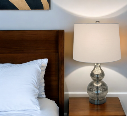 21" Silver Glass Gourd Table Lamp With White Drum Shade