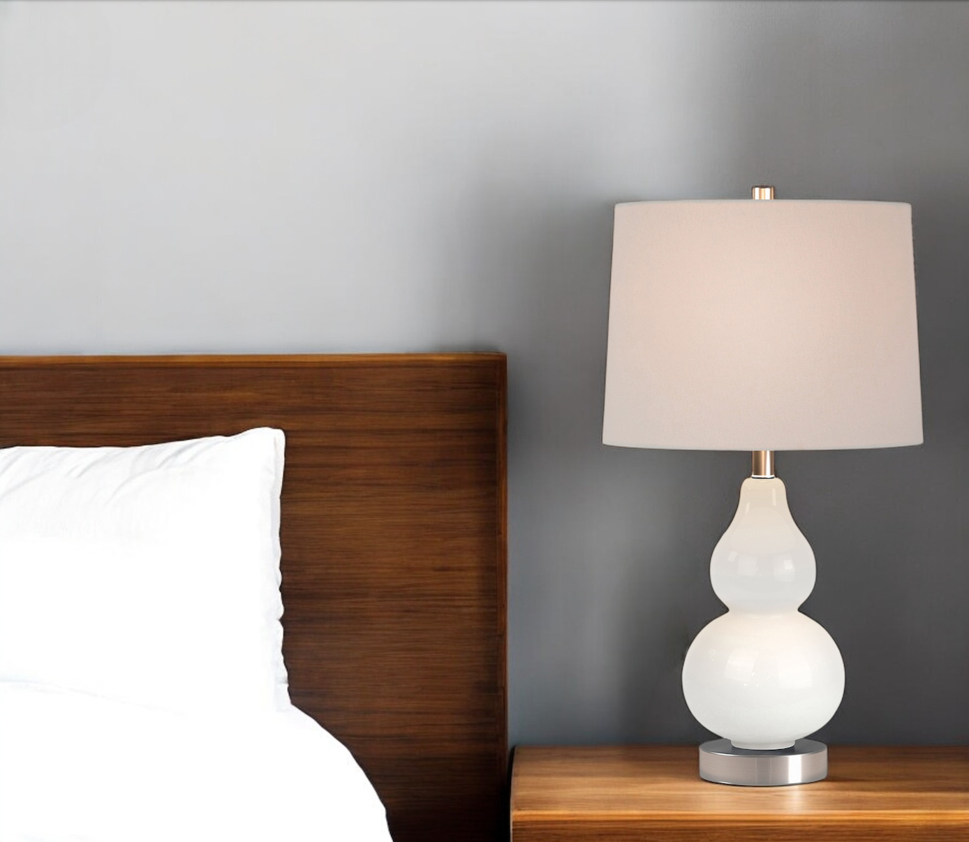 21" White Glass Gourd Table Lamp With White Drum Shade