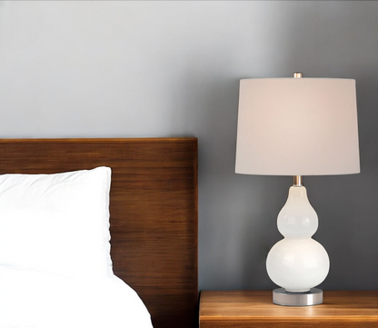 21" White Glass Gourd Table Lamp With White Drum Shade