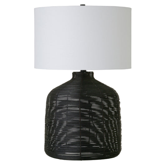 27" Black Rattan Table Lamp With White Drum Shade