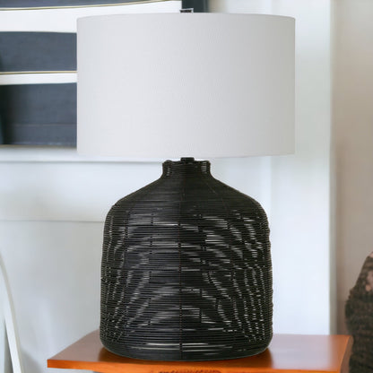 27" Black Rattan Table Lamp With White Drum Shade