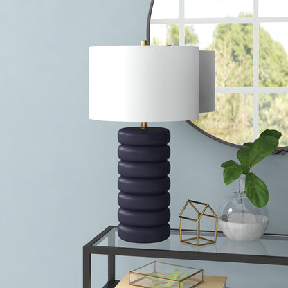 25" Navy Blue Ceramic Table Lamp With White Drum Shade