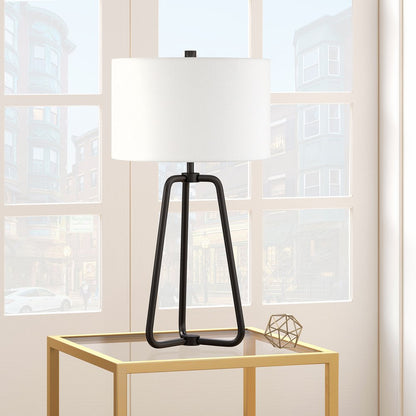 25" Black Metal Table Lamp With White Drum Shade