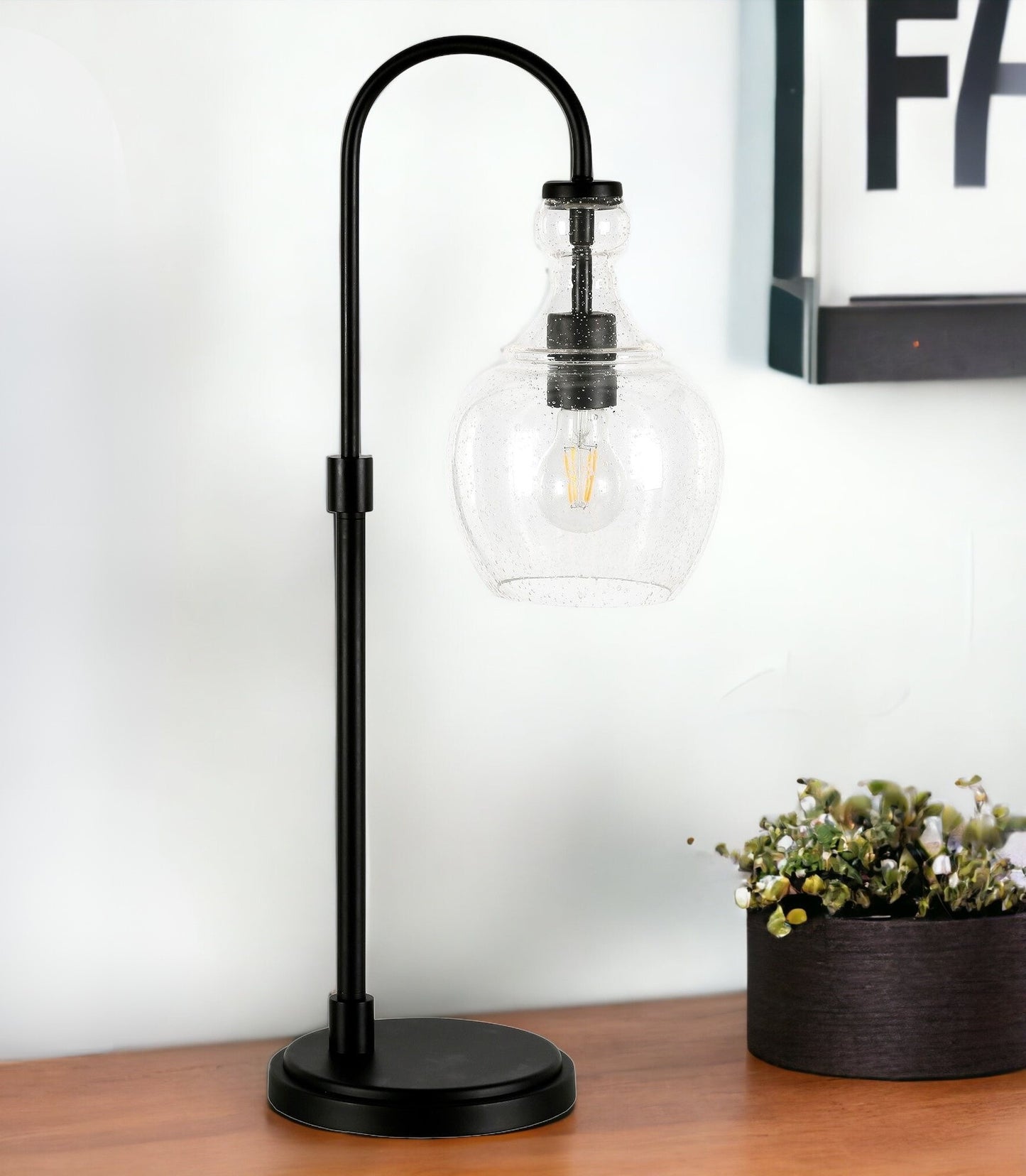 27" Black Metal Arched Table Lamp With Clear Dome Shade