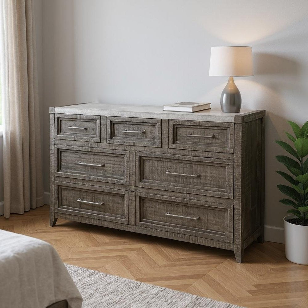 62" Gray Faux Marble And Solid Wood Seven Drawer Double Dresser