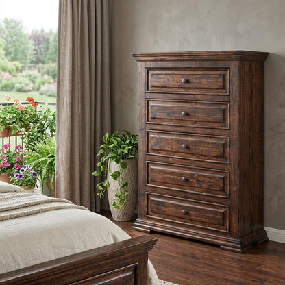 37" Chocolate Solid Wood Five Drawer Dresser