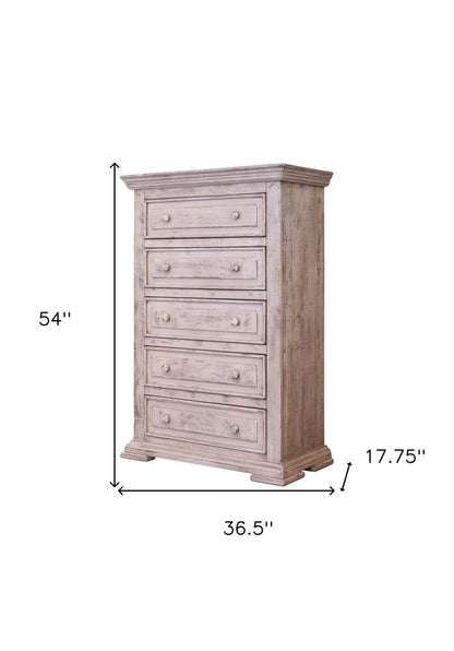 37" White Solid Wood Five Drawer Dresser