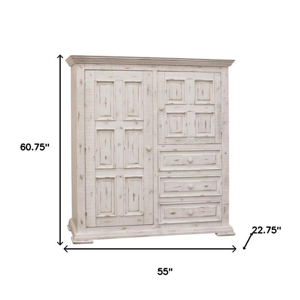 55" White Carved Geometric Solid Wood Three Drawer Gentlemens Chest
