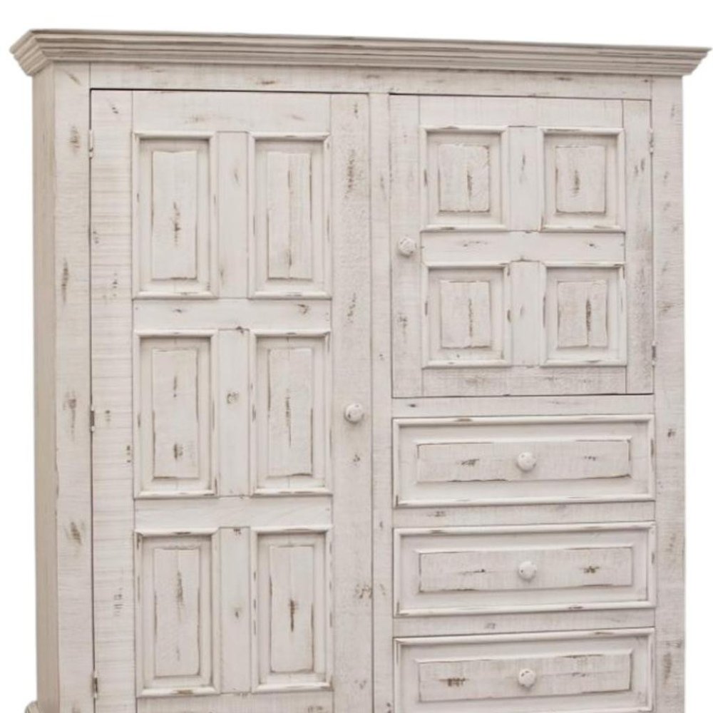55" White Carved Geometric Solid Wood Three Drawer Gentlemens Chest