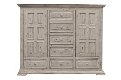 64" White Carved Geometric Solid Wood Seven Drawer Gentlemens Chest