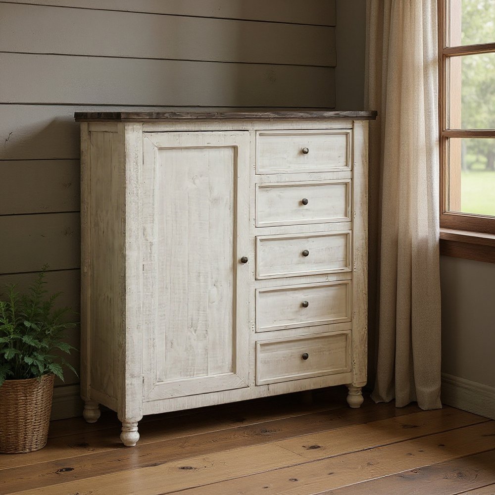 55" Gray and Ivory Solid Wood Five Drawer Gentlemans Chest