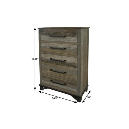 37" Gray Solid Wood Five Drawer Dresser