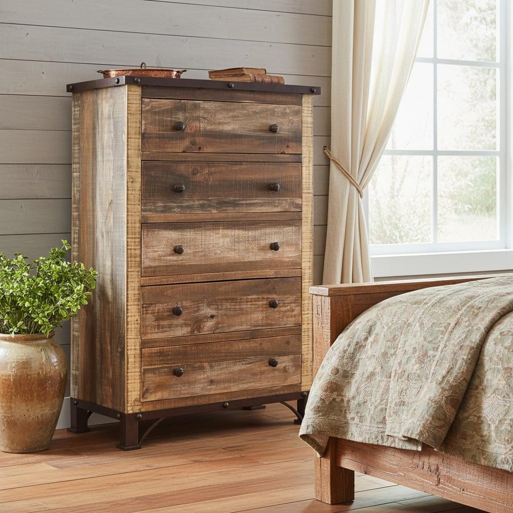 36" Brown Solid Wood Five Drawer Dresser