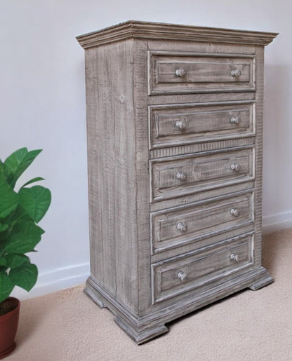 37" Gray Solid Wood Five Drawer Chest