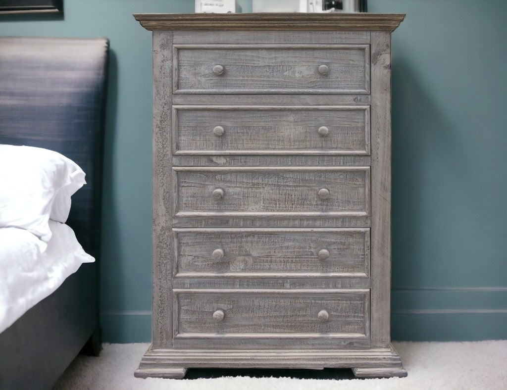 37" Gray Solid Wood Five Drawer Chest