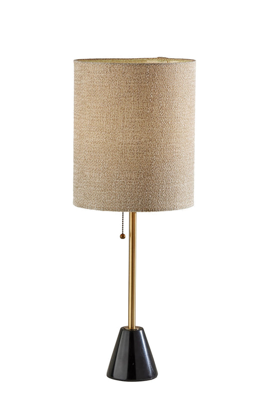 28" Black and Gold Marble and Metal Table Lamp With Beige Drum Shade