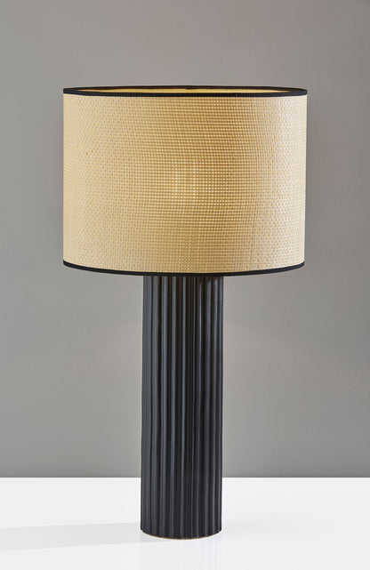 29" Black Ceramic Cylinder Table Lamp With Beige Drum Shade