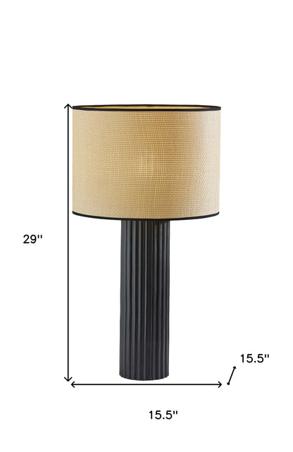 29" Black Ceramic Cylinder Table Lamp With Beige Drum Shade