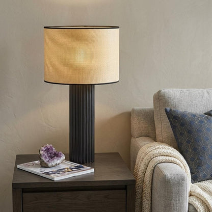 29" Black Ceramic Cylinder Table Lamp With Beige Drum Shade