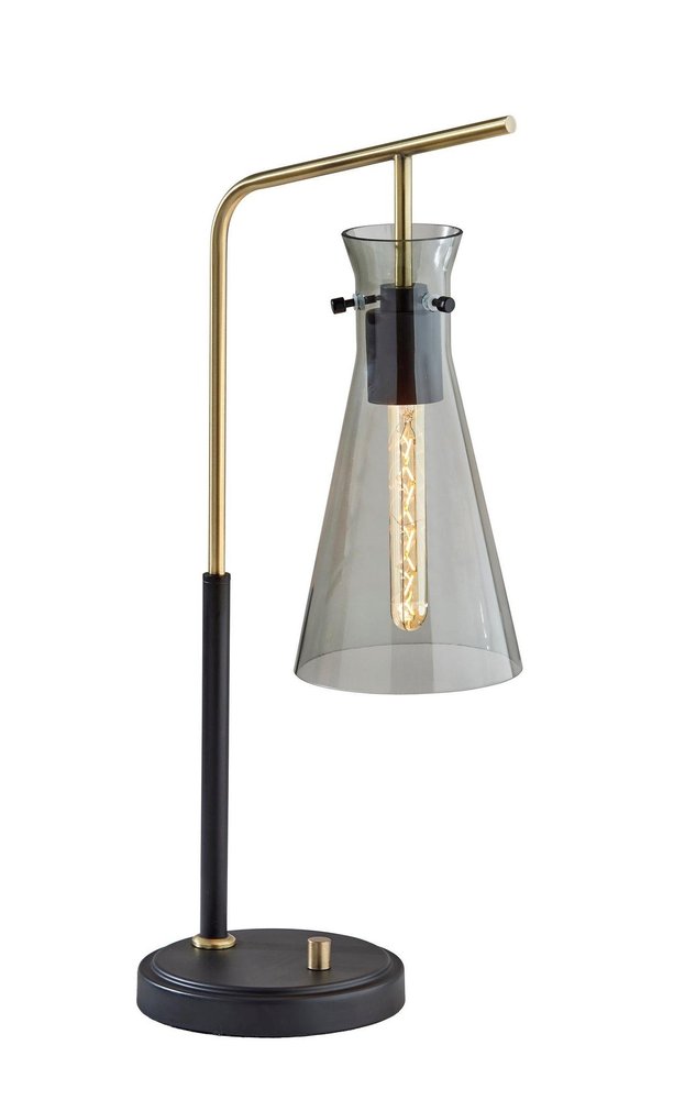 24" Black and Gold Metal Desk Lamp With Light Gray Cone Shade