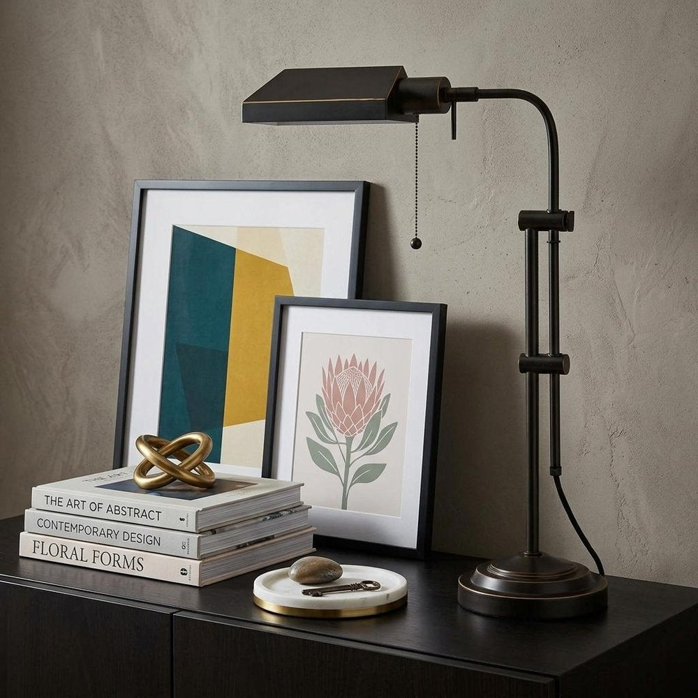 26" Bronze Metal Adjustable Table Lamp With Bronze Rectangular Shade