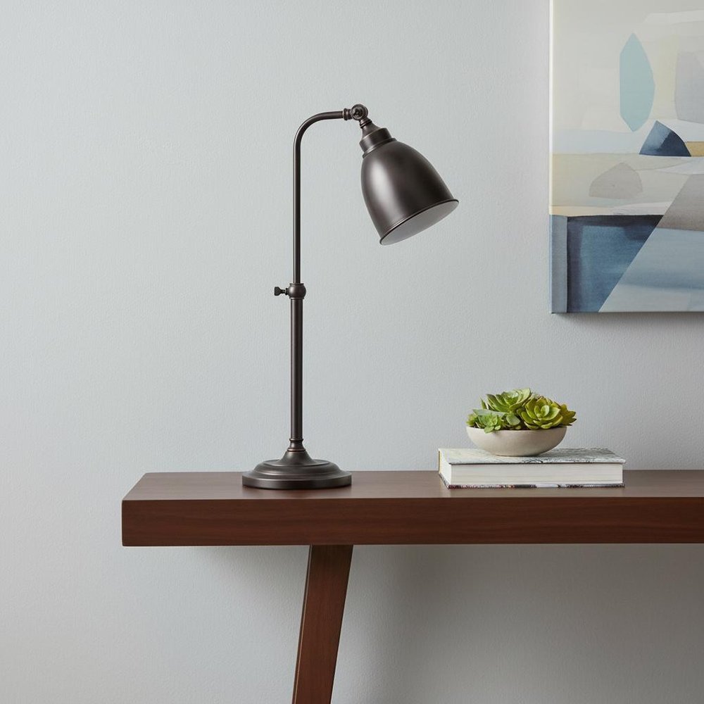 27" Bronze Metal Adjustable Lantern Table Lamp With Bronze Dome Shade