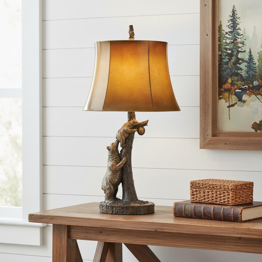 31" Bronze Bears After the Honey Table Lamp With Brown Faux Leather Shade