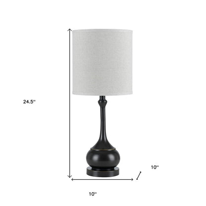 25" Blackened Bronze Metal Round Table Lamp With Off White Drum Shade
