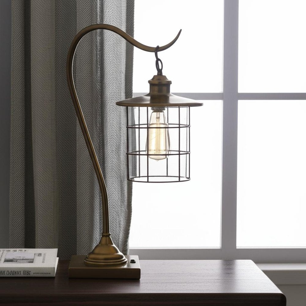 25" Antiqued Brass Metal Lantern Desk Lamp With Antiqued Brass Drum Shade