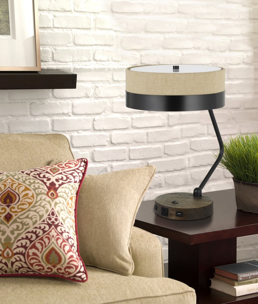 20" Black And Brown Wood And Metal Two Light USB Table Lamp With Beige And Black Shade