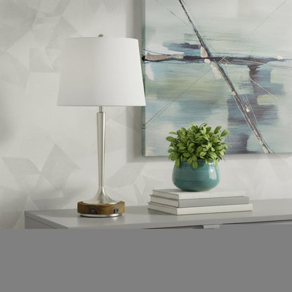 29" Nickel Metal Usb Table Lamp With Off White Empire Shade